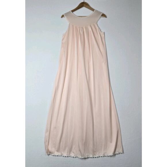 VTG Shadowline Satin Long Nightgown S Peach Sleeveless V-Neck Lace Embr Flowers - Picture 6 of 13